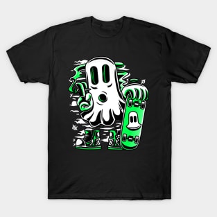 Skater Ghost Halloween Funny Green T-Shirt